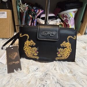 Ed Hardy Black and Yellow Women's wristlet wallet nwt